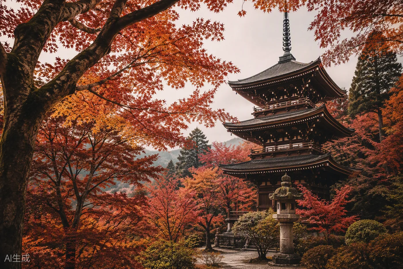 Pagoda japonesa entre arces en otoño
