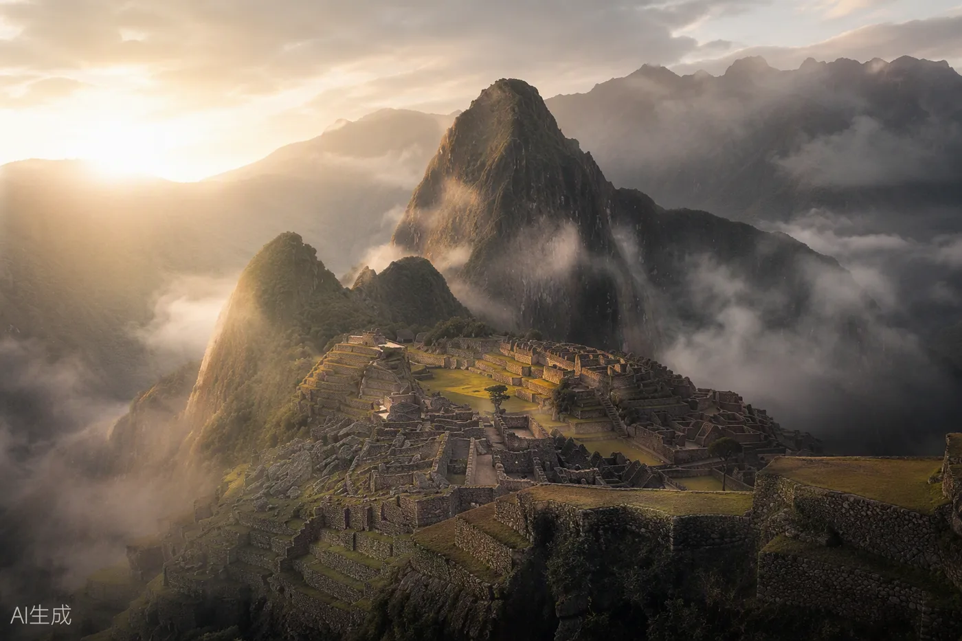 Ciudadela andina entre montañas con niebla