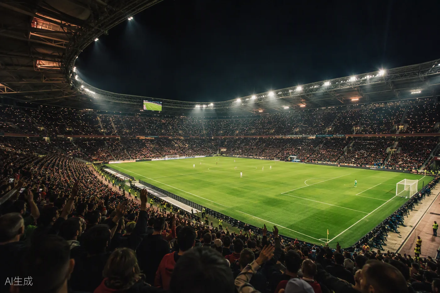 Estadio europeo iluminado durante una final