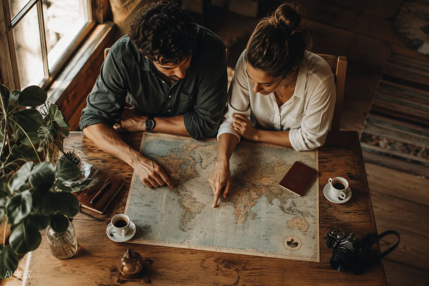 Pareja planeando un viaje sobre un mapa